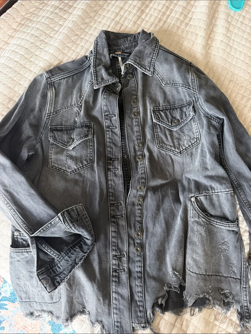 Free People Boho Washed Black Distressed Denim Jacket - Women